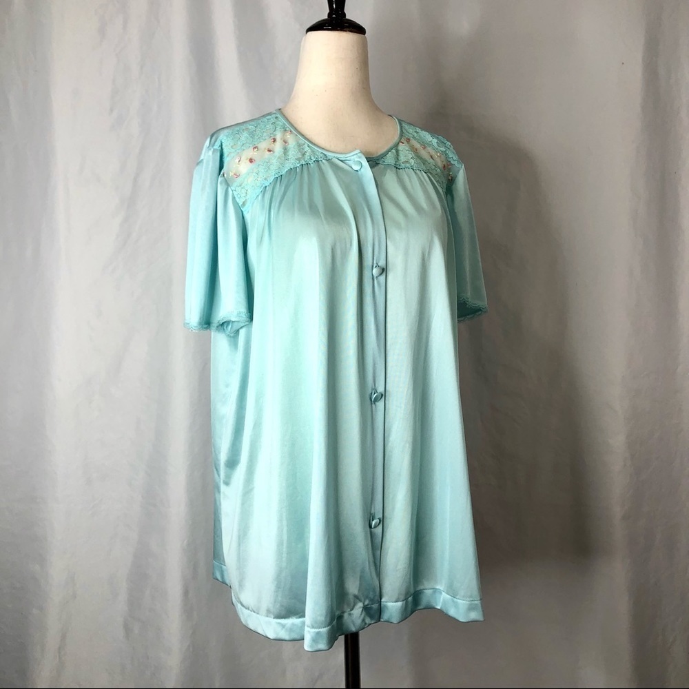 Vintage Vanity Fair pajama top nylon light blue button down lace L